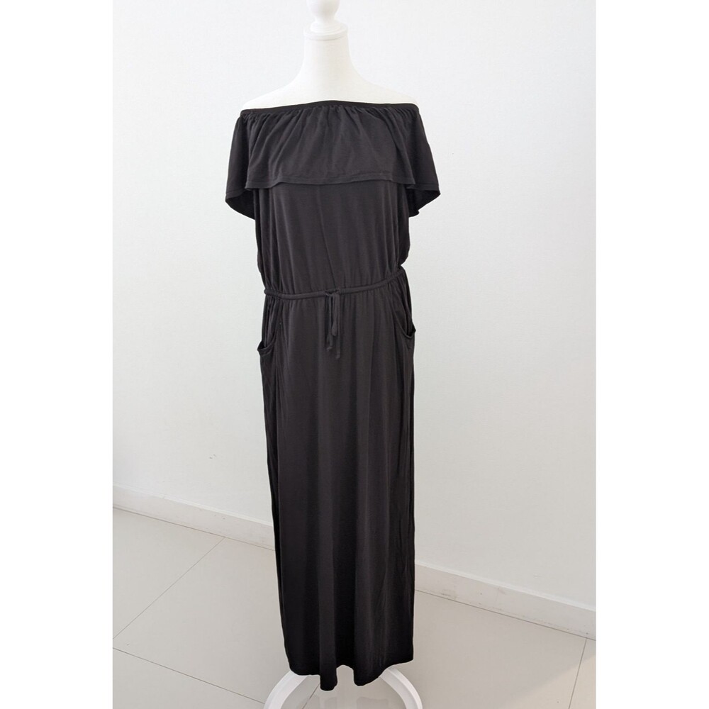 Max Studio Dress Women L Black Off Shoulder Ruffled Overlay Drawstring Tie Waist